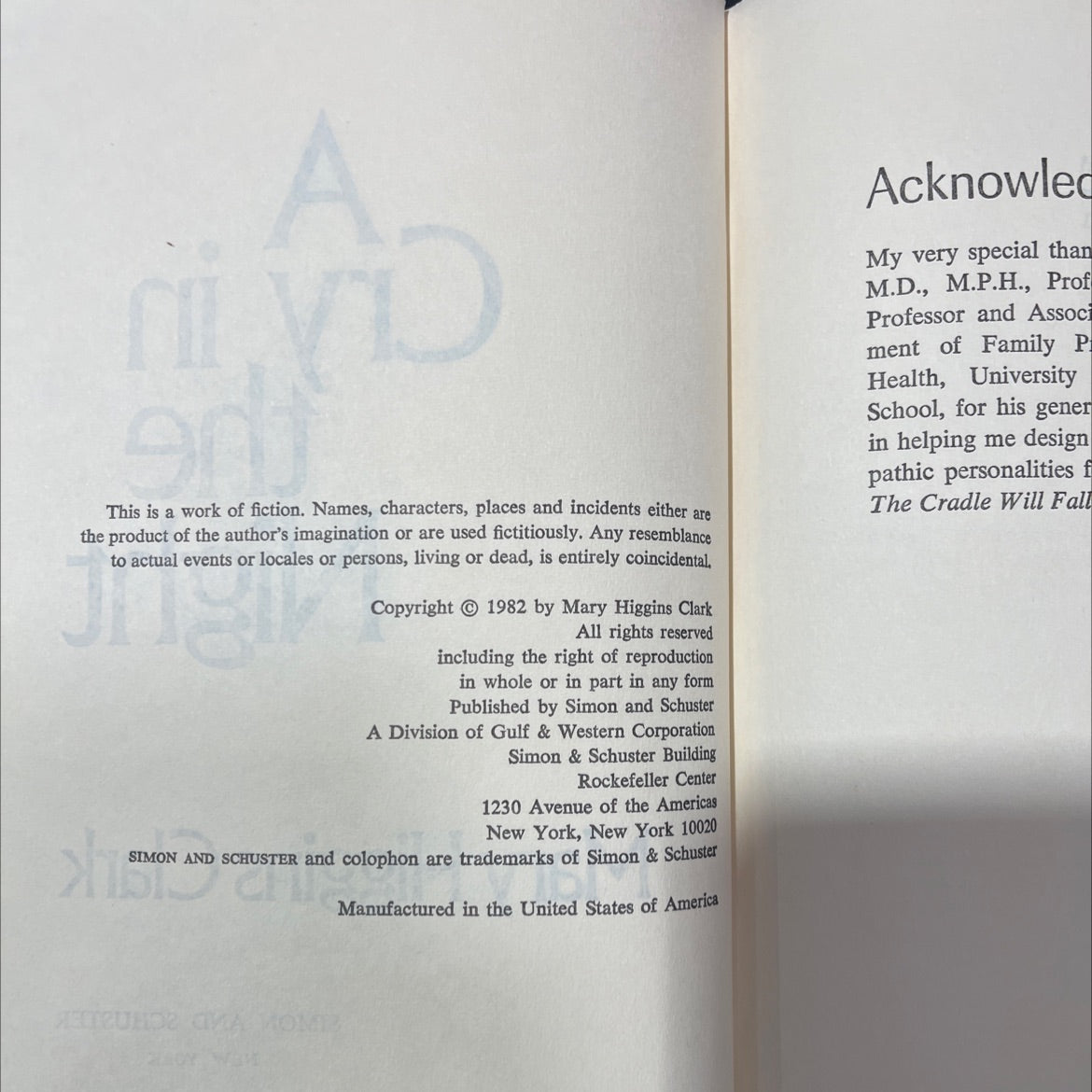 a cry in the night book, by Mary Higgins Clark, 1982 Hardcover image 3