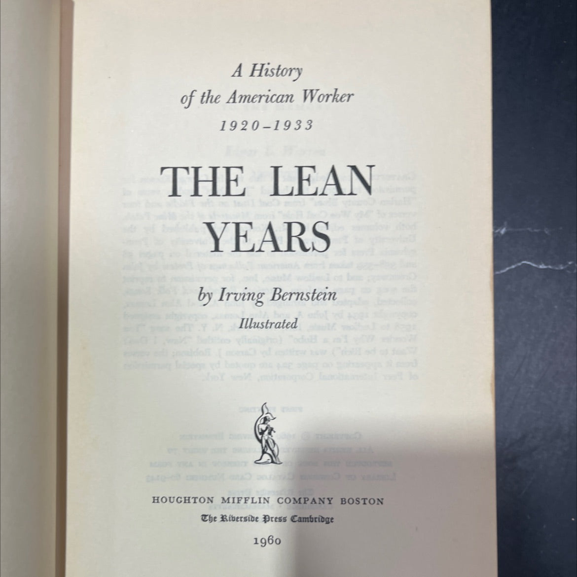 a history of the american worker 1920-1933 the lean years book, by irving bernstein, 1960 Hardcover image 2