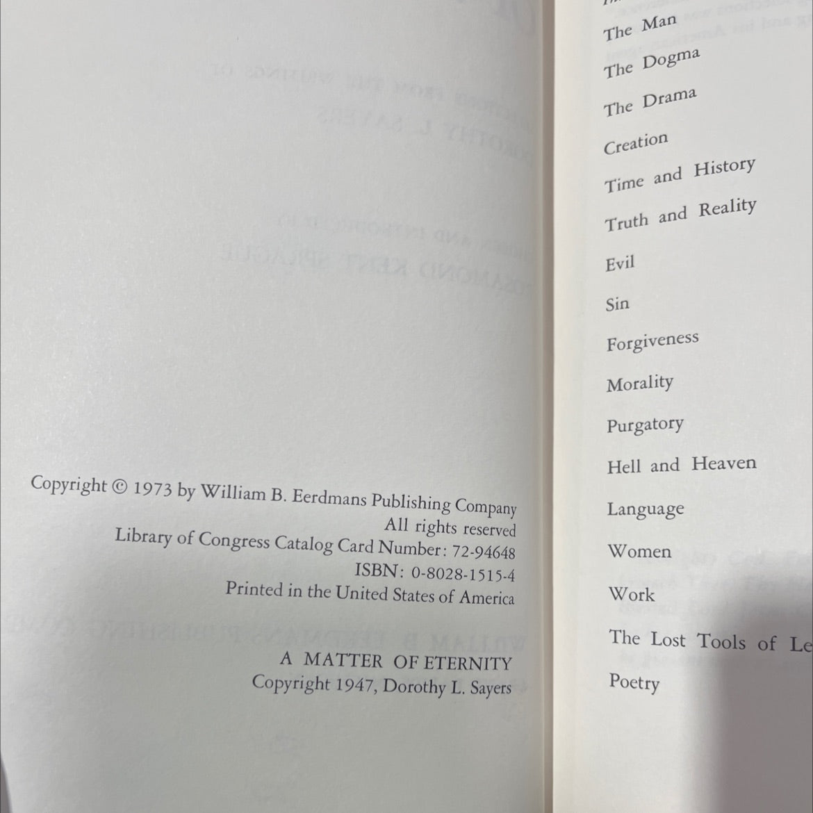 a matter of eternity book, by dorothy l. sayers, 1973 Hardcover image 3