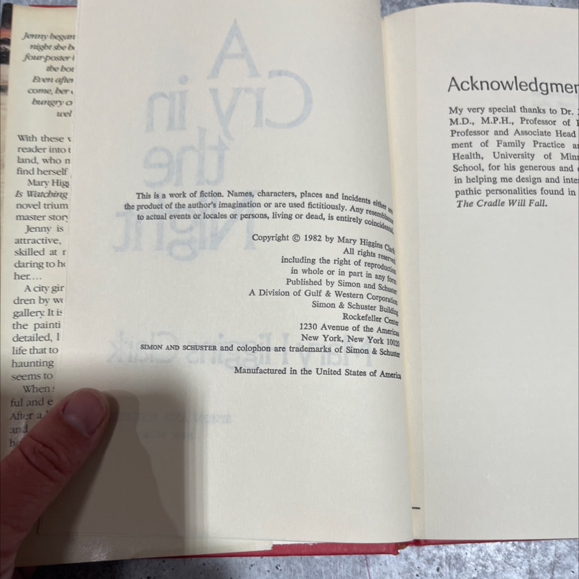 acknowledge a cry in the night book, by Mary Higgins Clark, 1982 Hardcover image 3