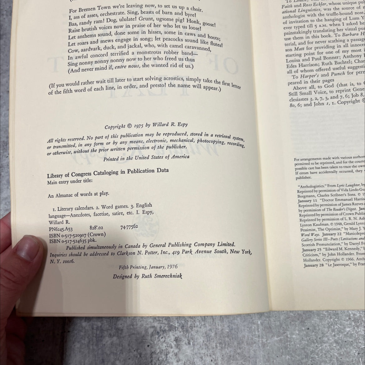 an almanac of words at play book, by Willard R. Espy, 1975 Paperback image 3