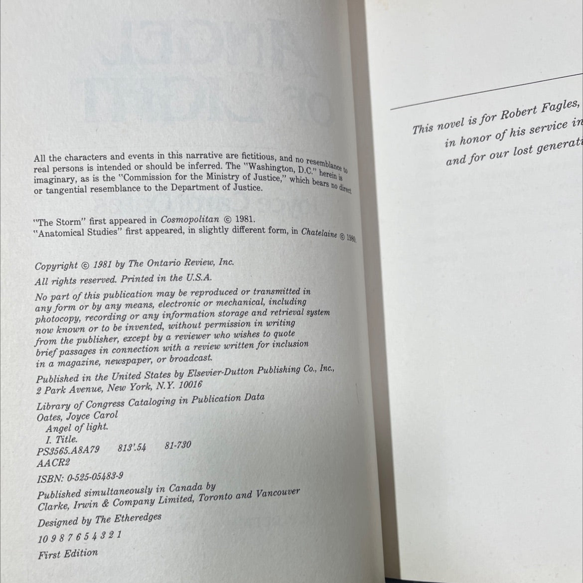 angel of light book, by Joyce Carol Oates, 1981 Hardcover image 3