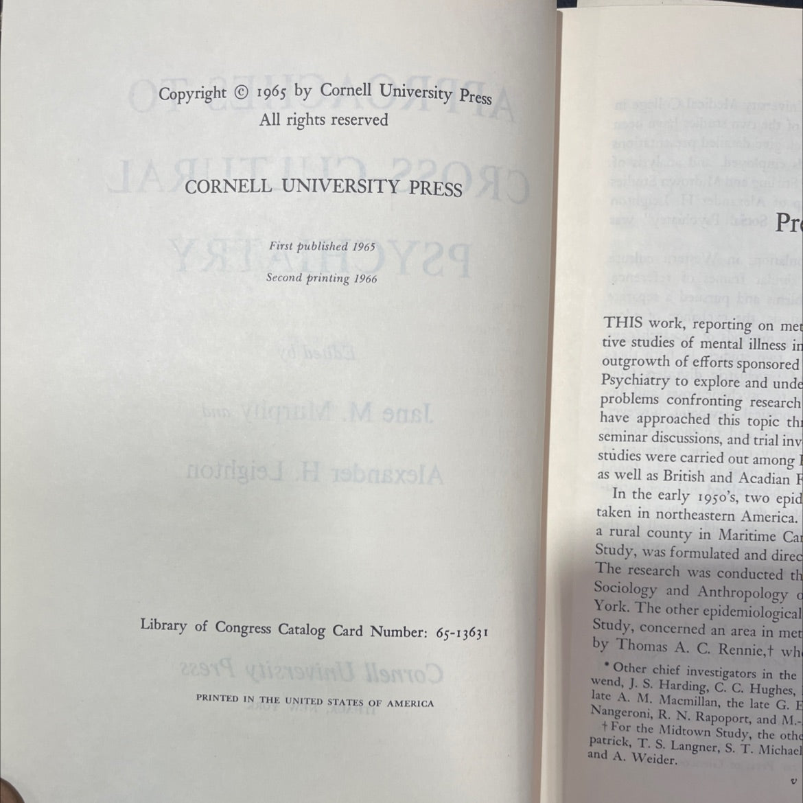 approaches to cross-cultural psychiatry book, by Jane M. Murphy and Alexander H. Leighton, 1966 Hardcover image 3