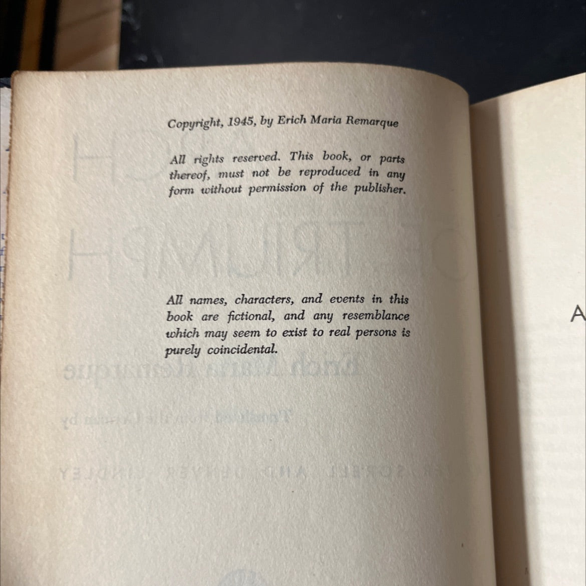 arch of triumph book, by Erich Maria Remarque, 1945 Hardcover, First Edition, Vintage image 3