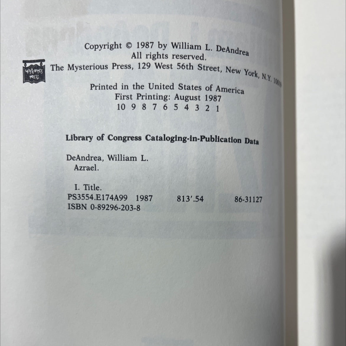 azrael book, by William L. DeAndrea, 1987 Hardcover image 3