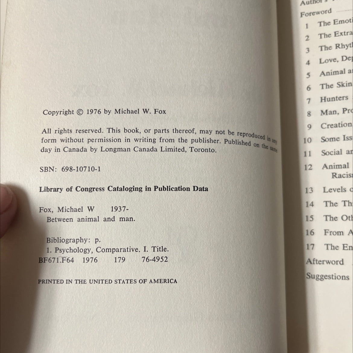behavior x between animal and man book, by Dr. Michael W. Fox, 1976 Hardcover image 3