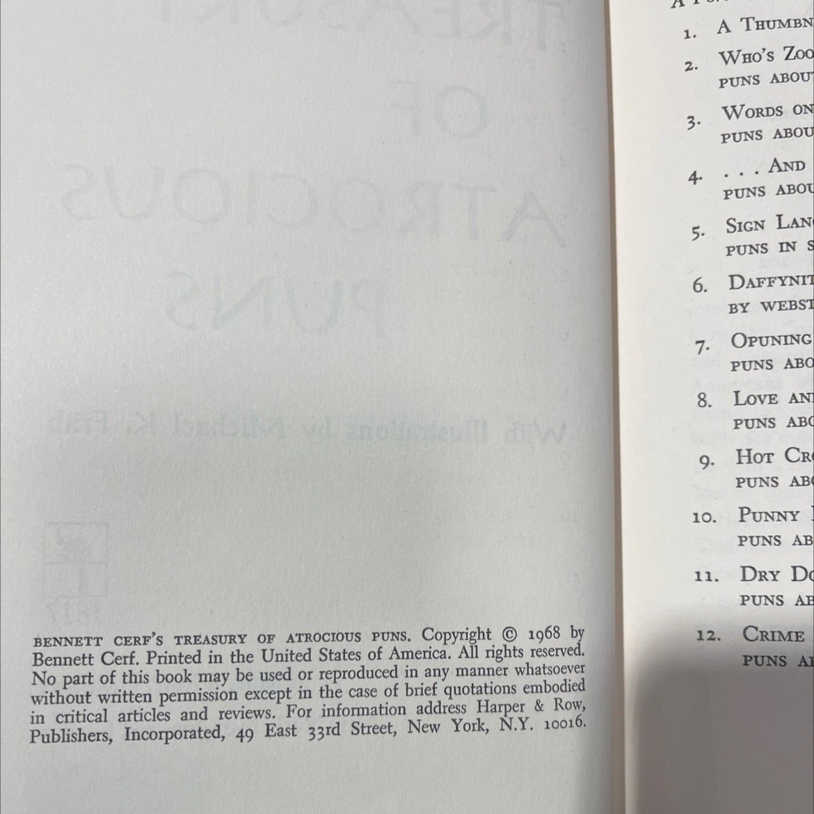 bennett cerf's treasury of atrocious puns book, by Bennett Cerf, 1968 Hardcover image 3