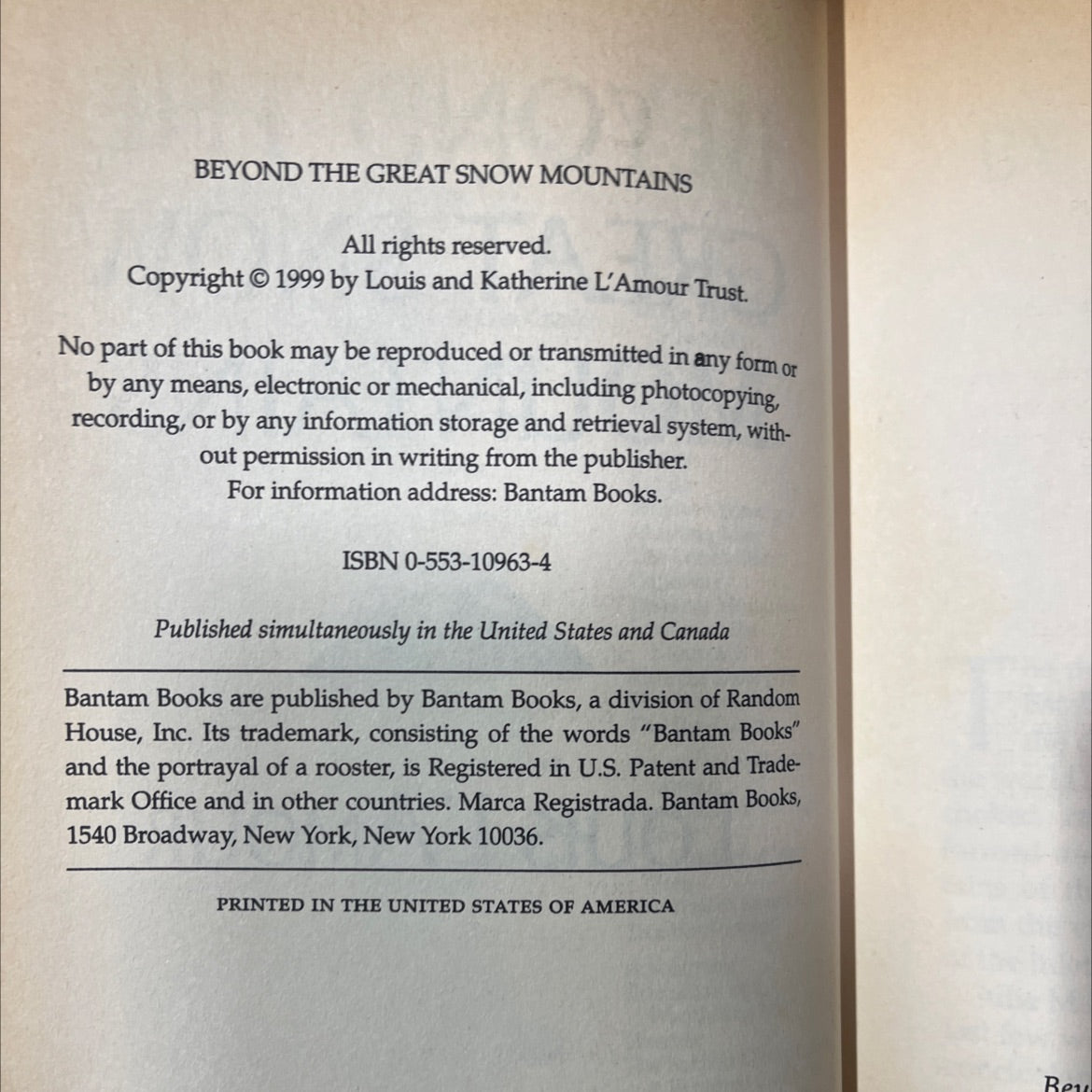beyond the great snow mountains book, by louis l'amour, 1999 Hardcover image 3