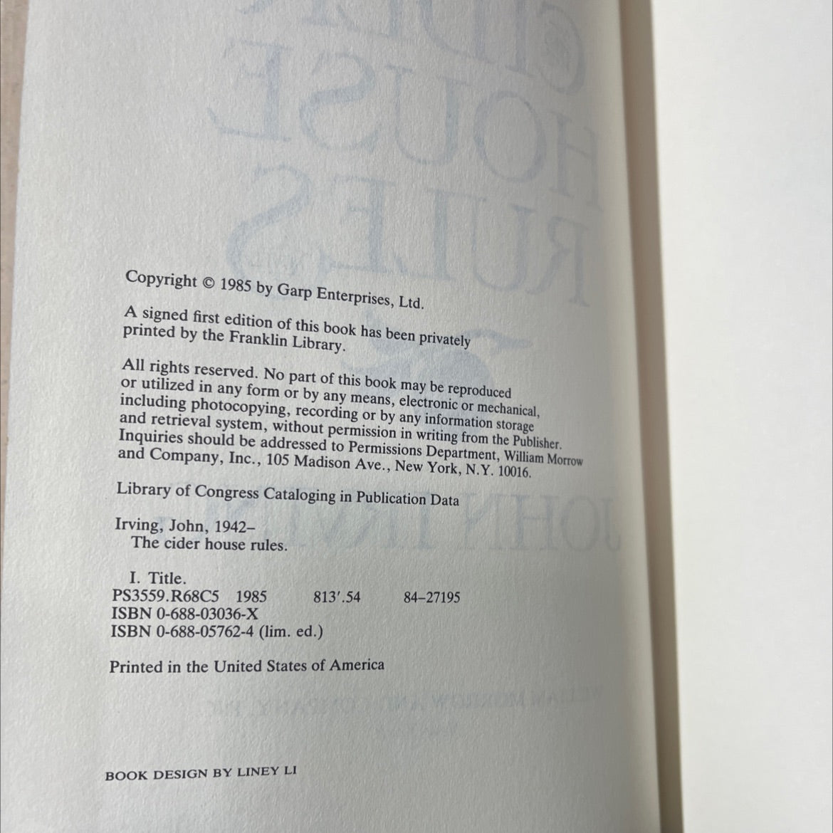 cider house rules book, by john irving, 1985 Hardcover image 3