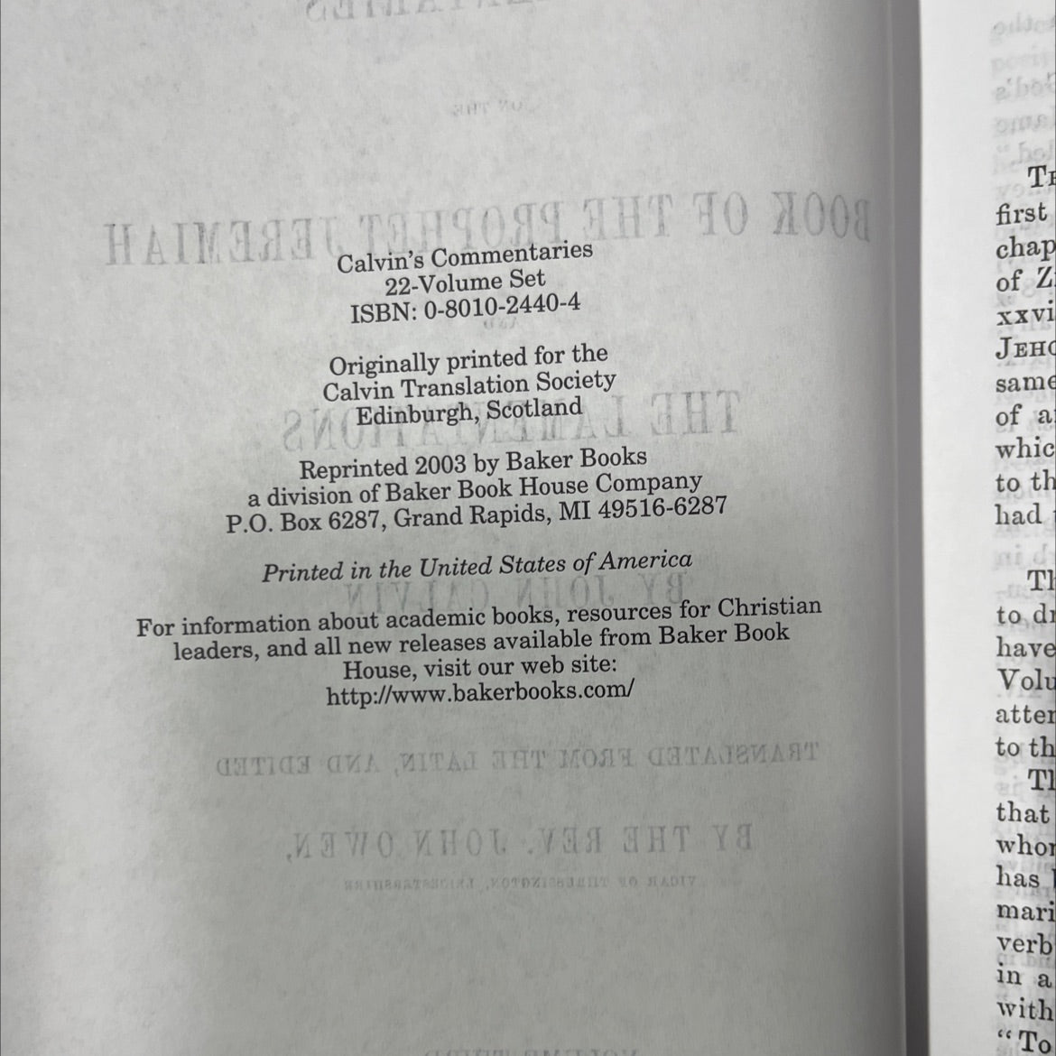 commentaries on the book of the prophet jeremiah and the lamentations book, by john calvin, 2003 Hardcover image 3