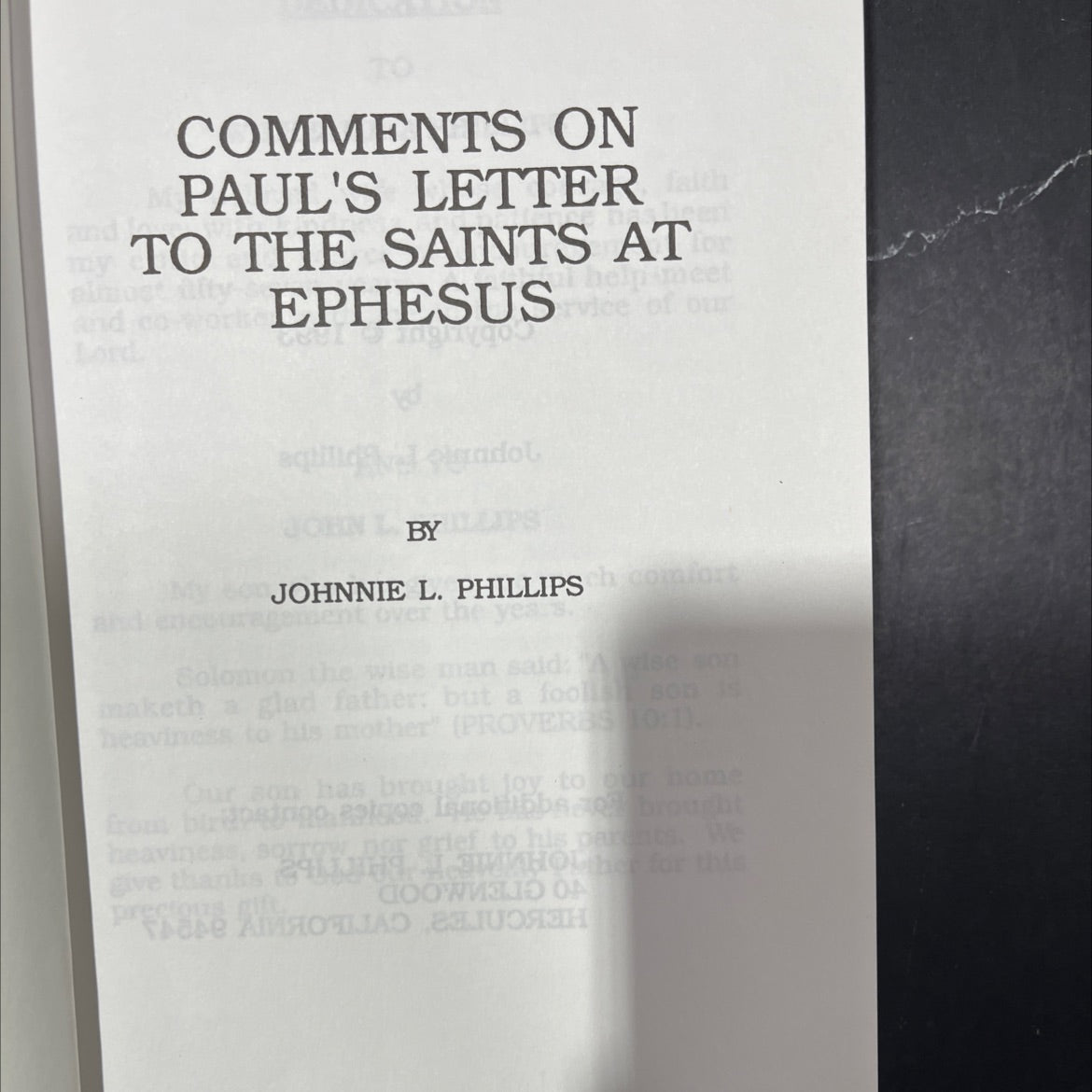 SIGNED comments on paul's letter to the saints at ephesus book, by johnnie l. phillips, 1993 Hardcover image 2