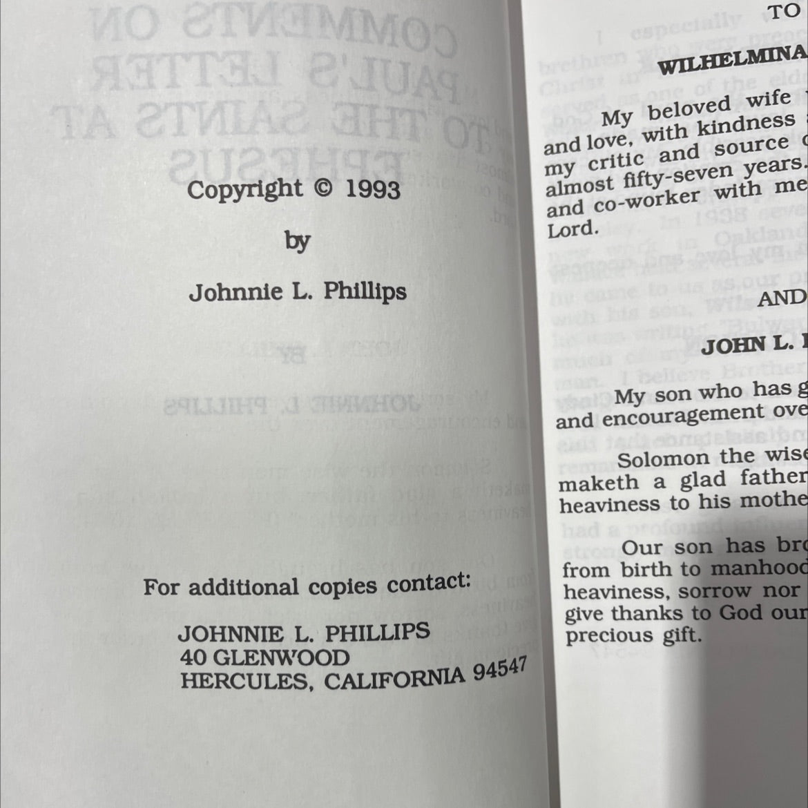 SIGNED comments on paul's letter to the saints at ephesus book, by johnnie l. phillips, 1993 Hardcover image 3