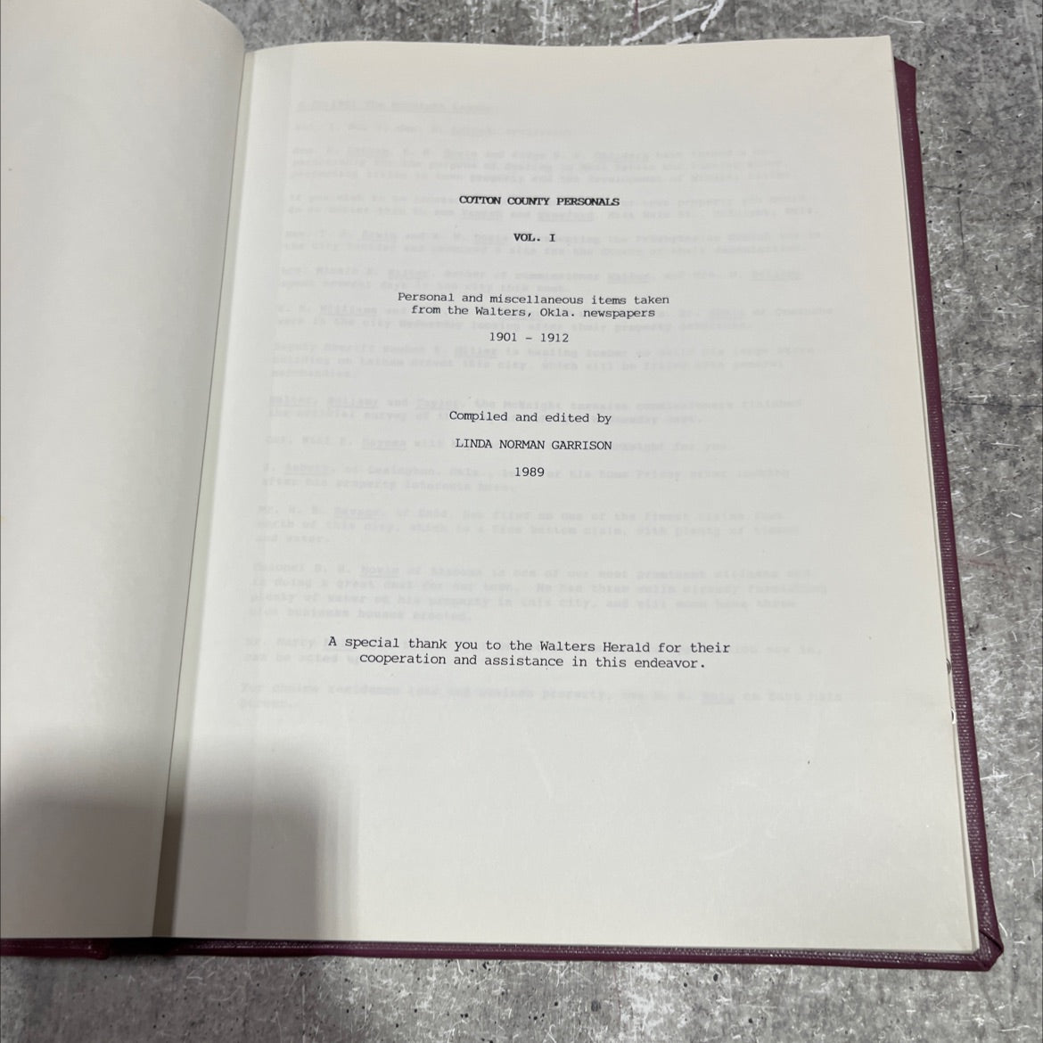 cotton county personals vol. i book, by linda norman garrison, 1989 Hardcover image 2