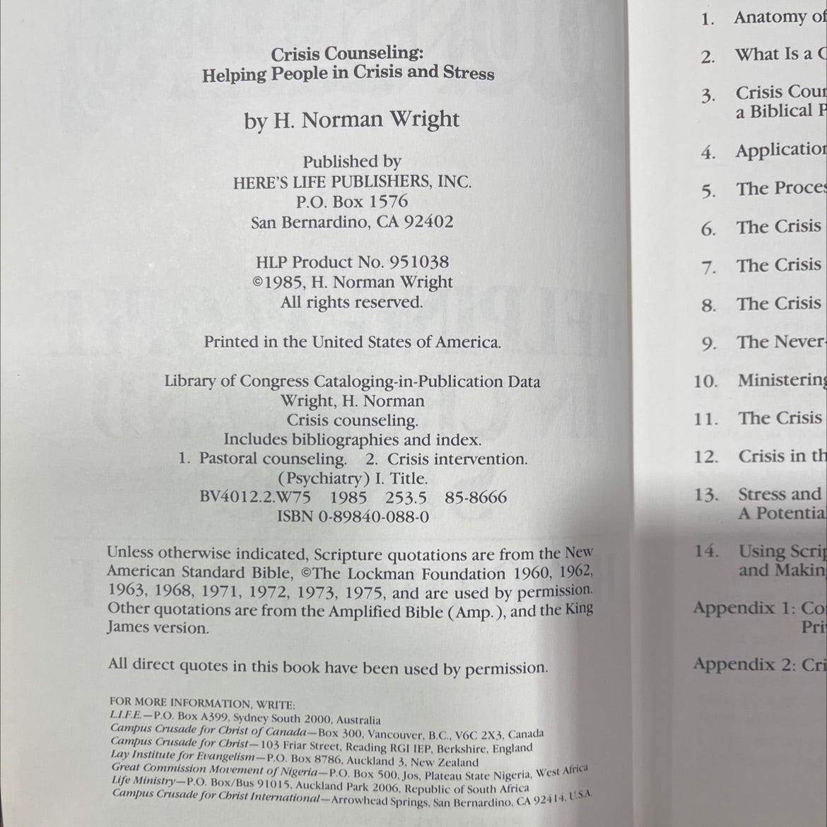 crisis counseling helping people in crisis and stress book, by h. norman wright, 1985 Hardcover image 3
