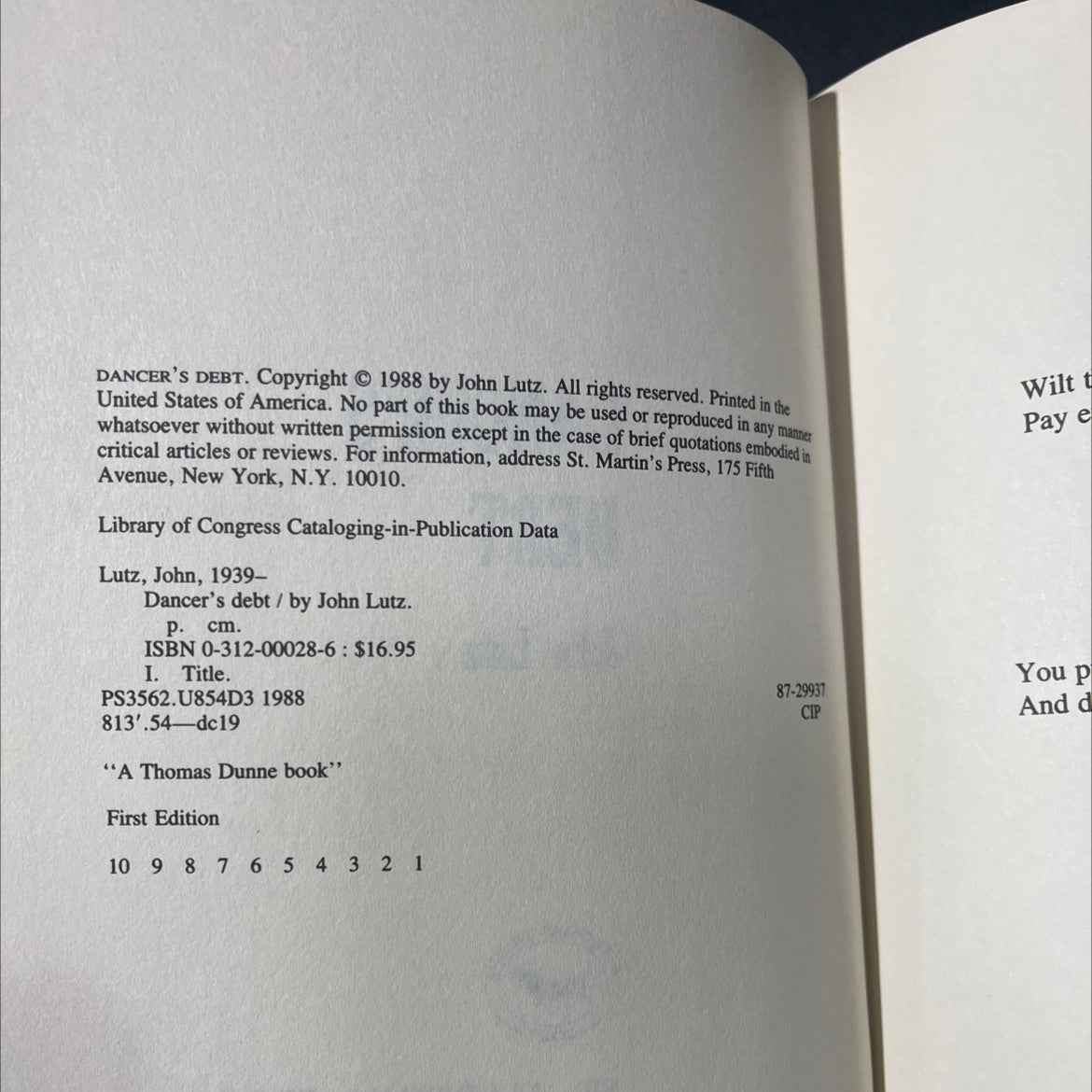 SIGNED dancer's debt book, by John Lutz, 1988 Hardcover, First Edition image 3
