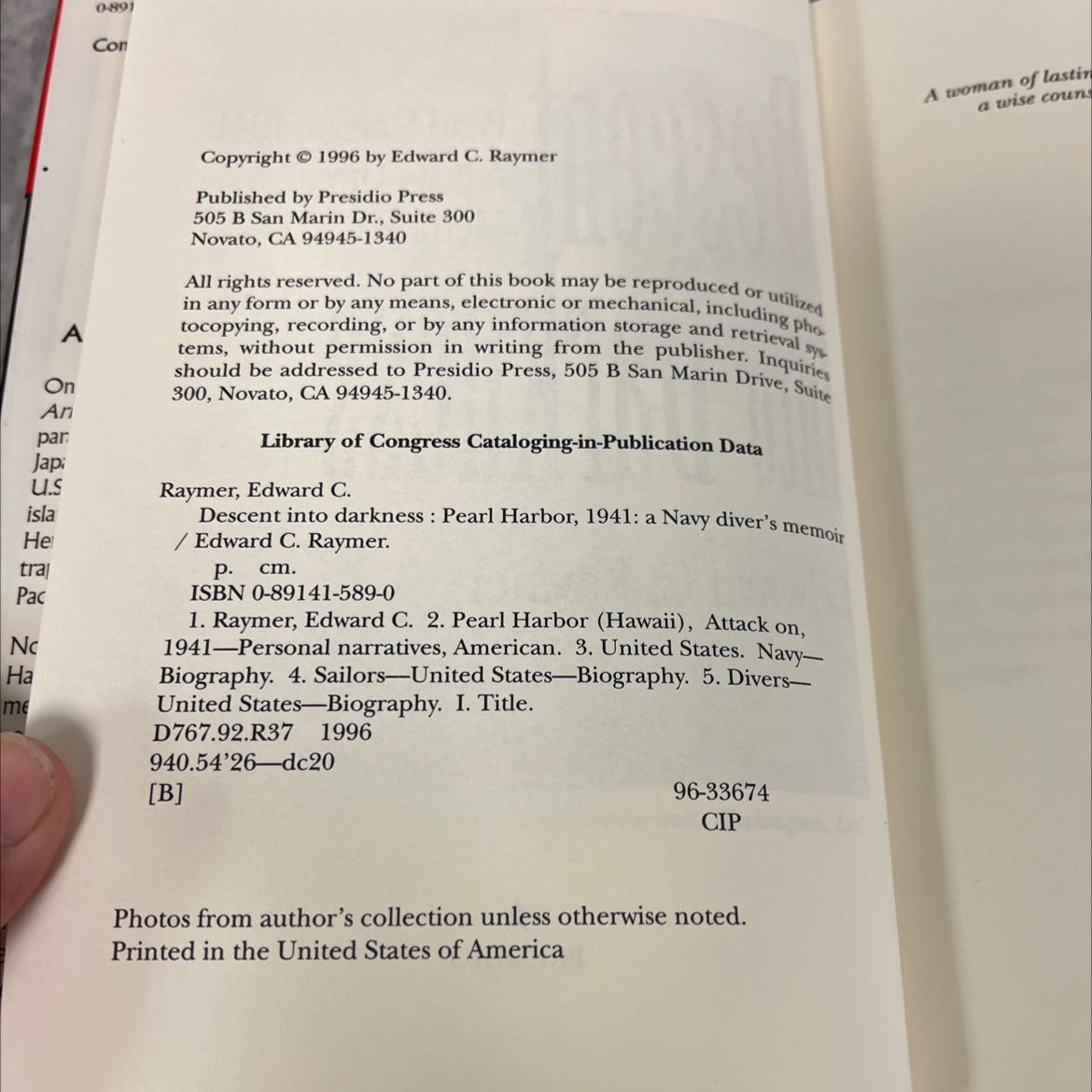 descent into darkness: pearl harbor, 1941: a navy diver's memoir book, by Edward C. Raymer, 1996 Hardcover image 3