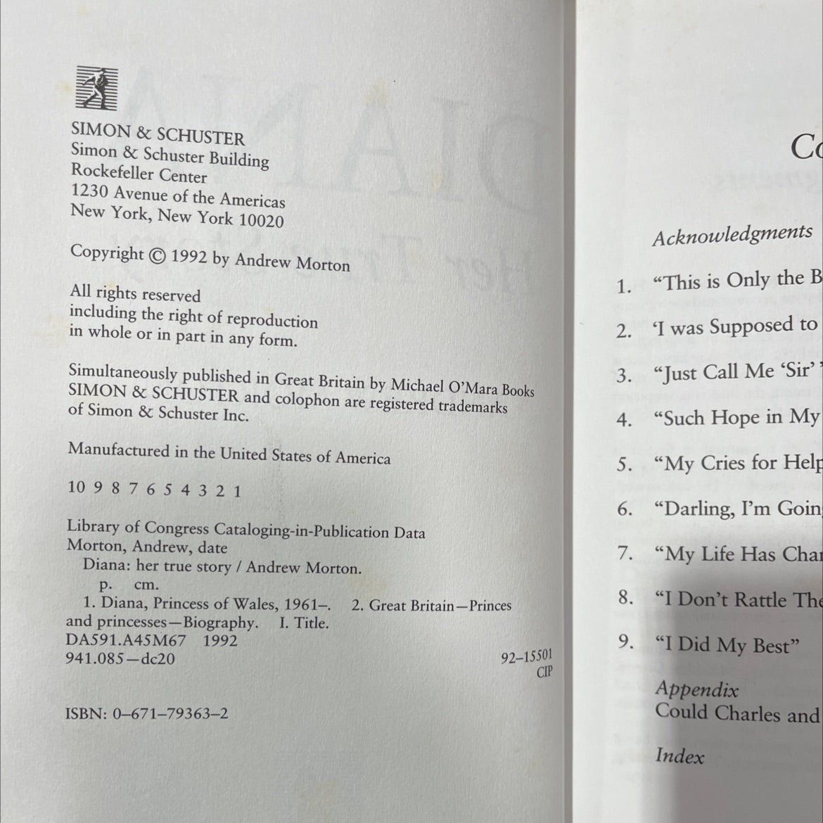 diana her true story book, by andrew morton, 1992 Hardcover