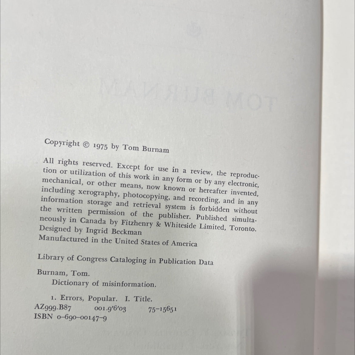 dictionary of misinformation book, by Tom Burnam, 1975 Hardcover image 3