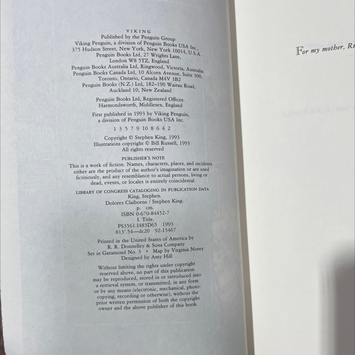 dolores claiborne book, by Stephen King, 1993 Hardcover image 3