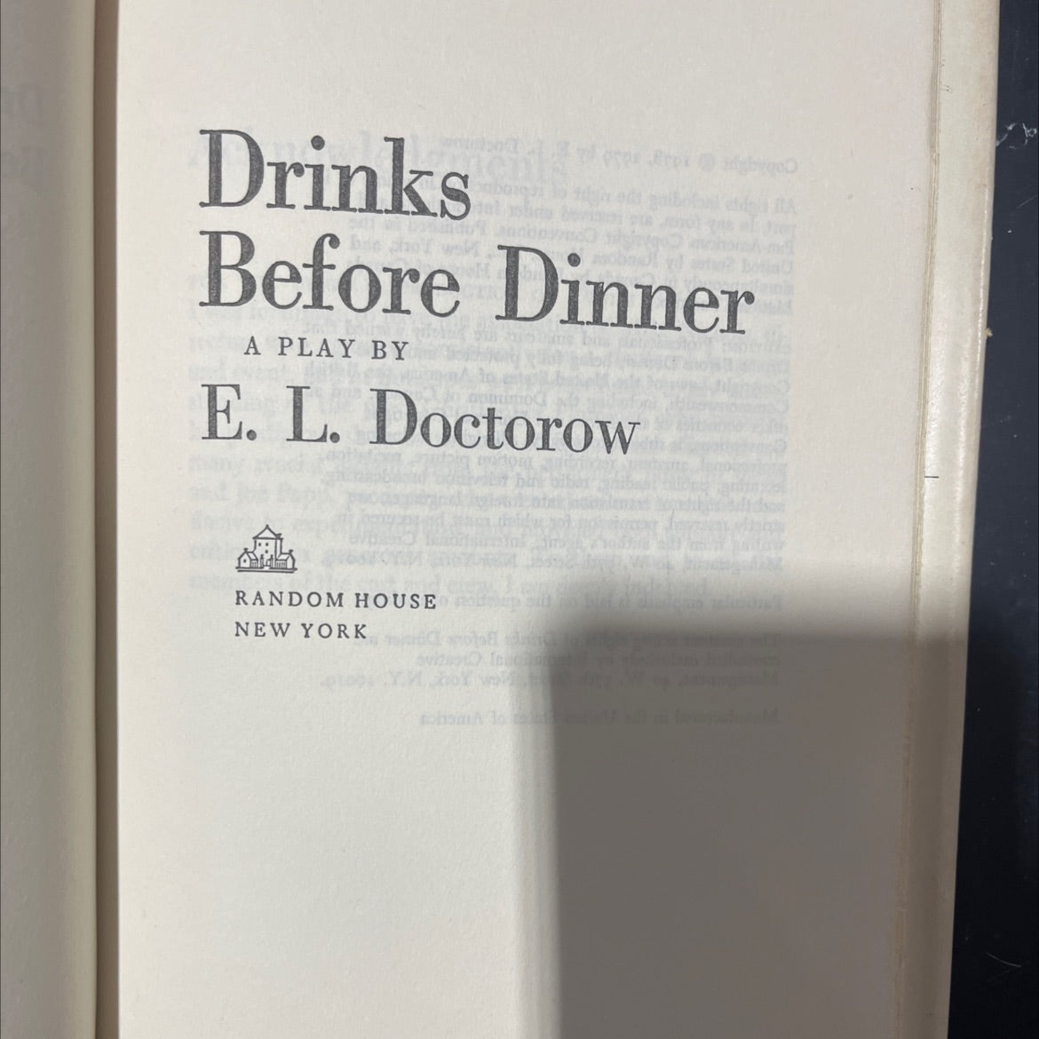 drinks before dinner book, by E. L. Doctorow, 1979 Hardcover image 2