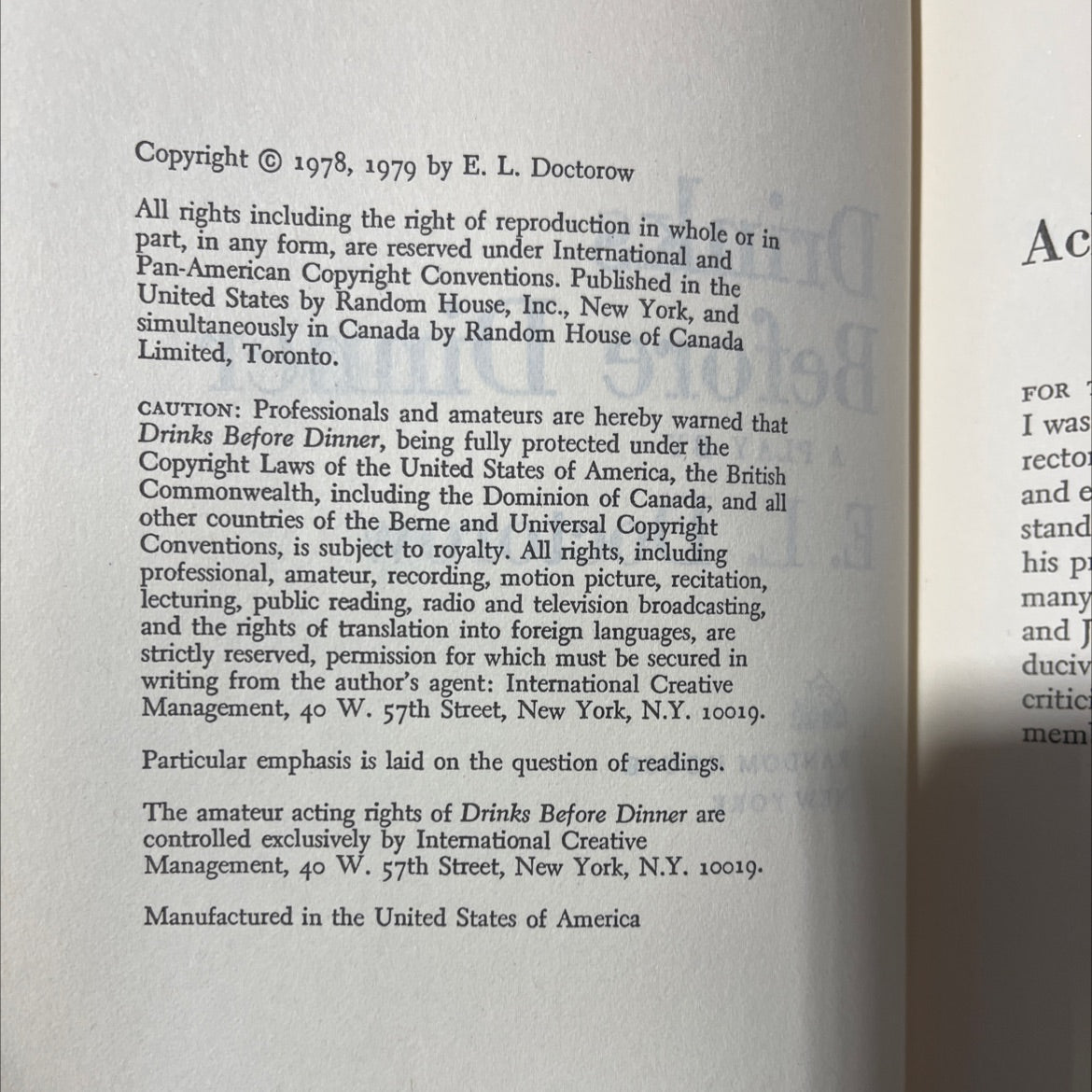 drinks before dinner book, by E. L. Doctorow, 1979 Hardcover image 3