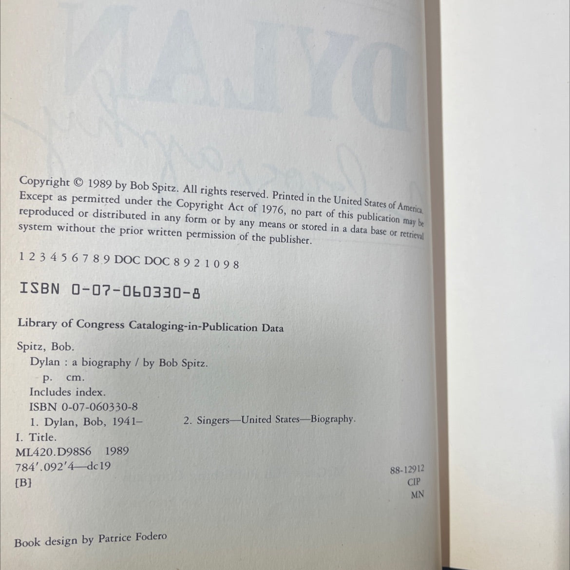 dylan a biography book, by Bob Spitz, 1989 Hardcover image 3
