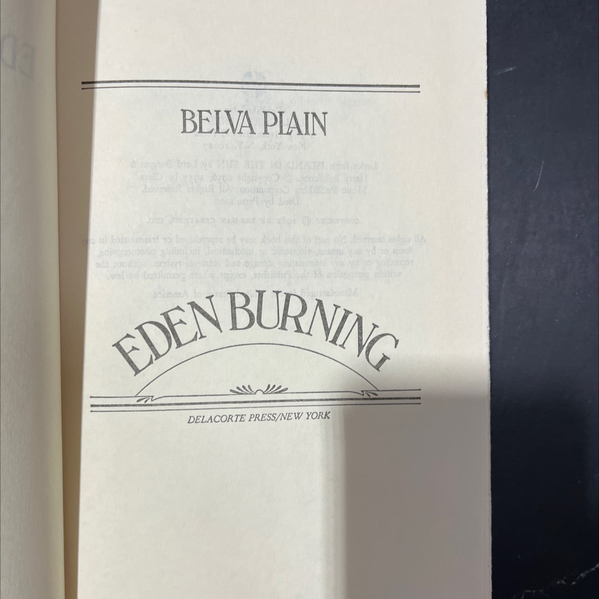 eden burning book, by belva plain, 1982 Hardcover image 2