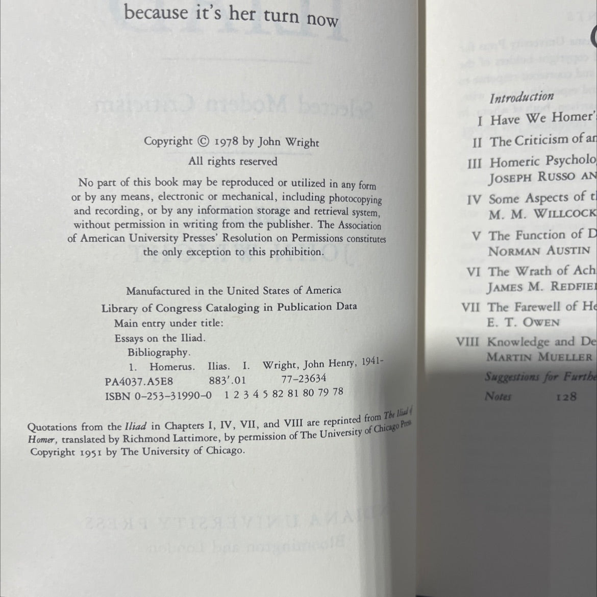 essays on the iliad book, by john wright, 1978 Hardcover image 3