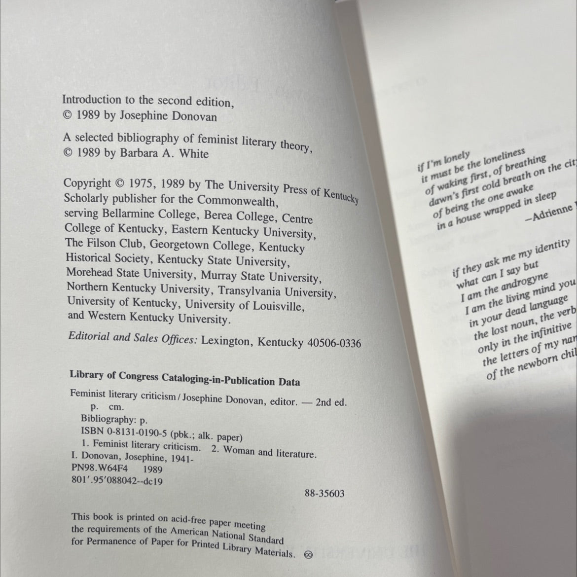 feminist literary criticism explorations in theory book, by Josephine Donovan, 1989 Hardcover image 3