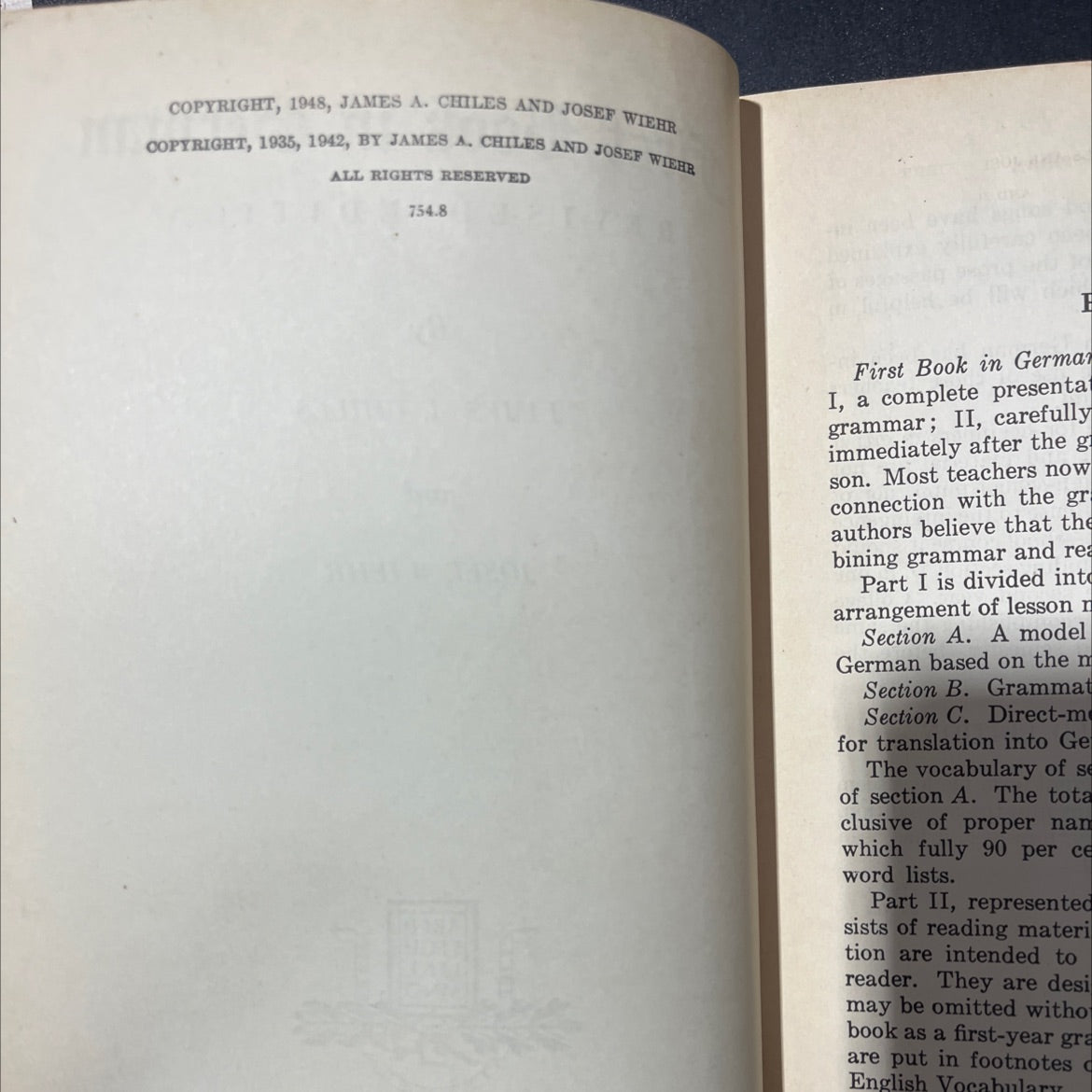 first book in german book, by james a. chiles and josef wiehr, 1948 Hardcover image 3