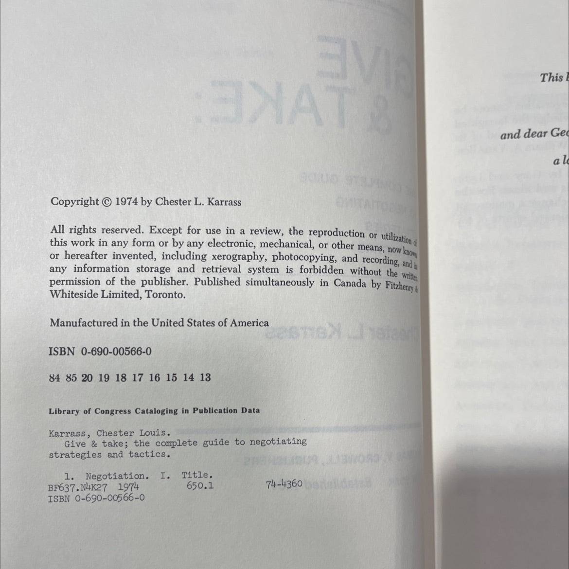 give & take: the complete guide to negotiating strategies and tactics book, by Chester L. Karrass, 1974 Hardcover image 3