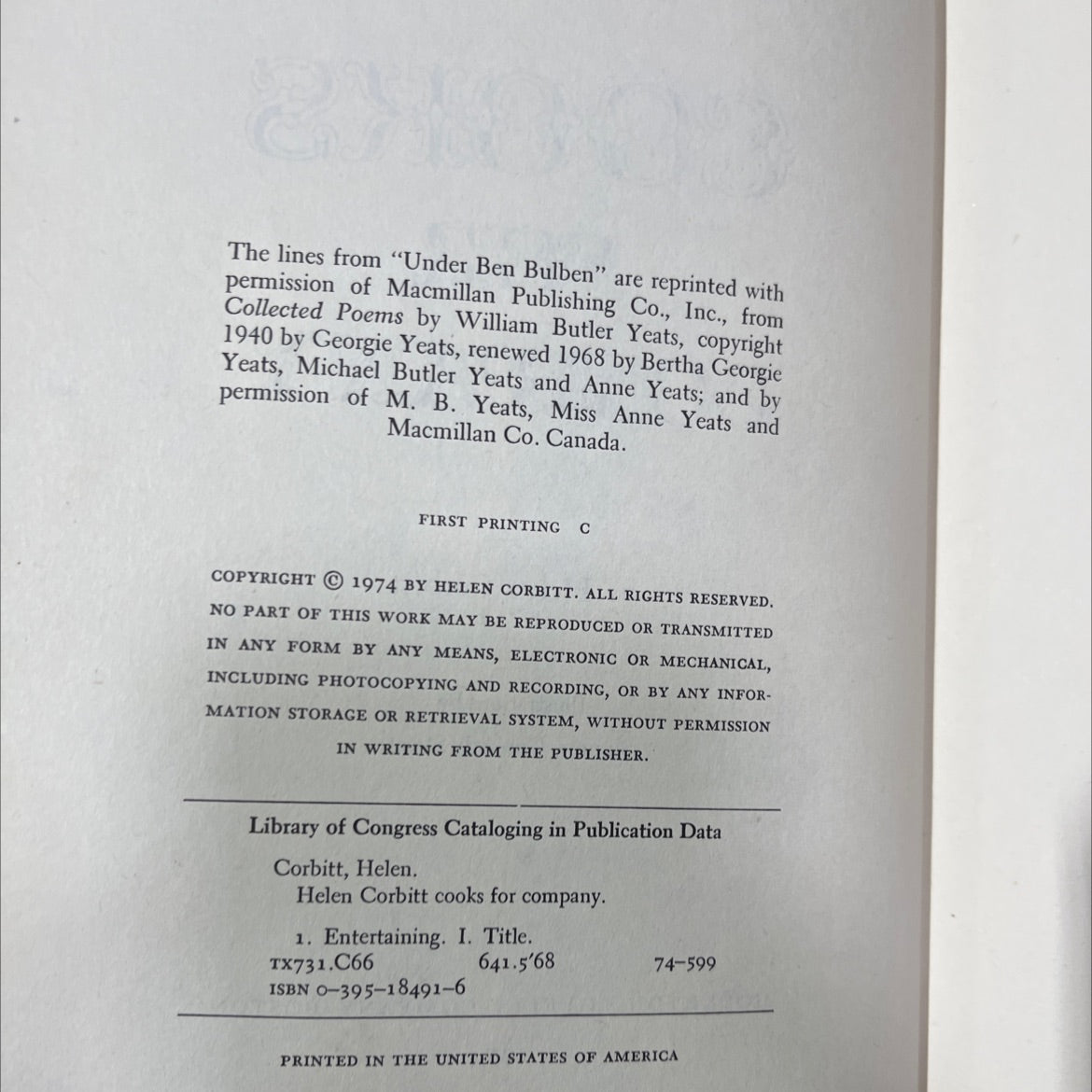 SIGNED helen corbitt cooks for company book, by Helen Corbitt, 1974 Hardcover image 3