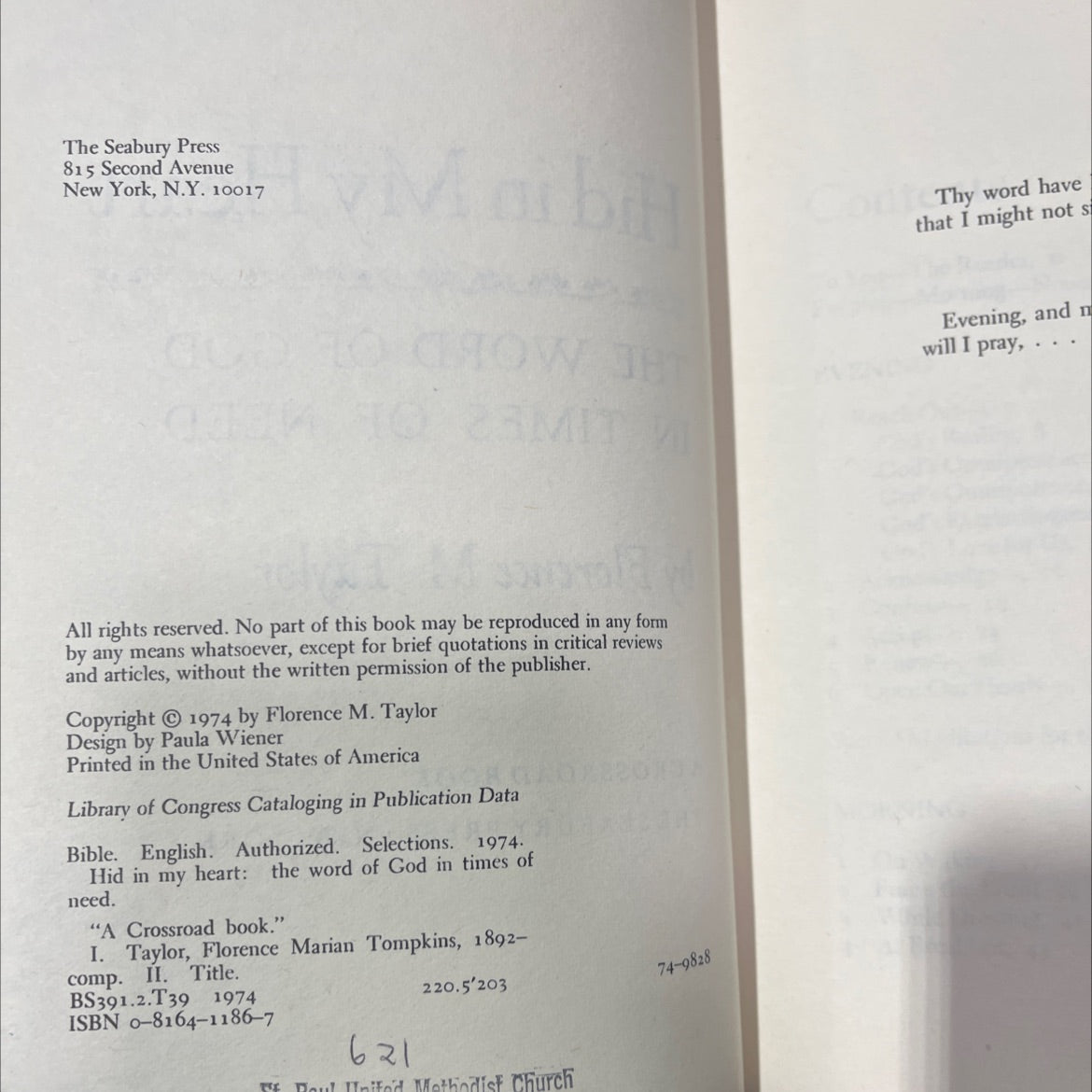 hid in my heart the word of god in times of need book, by Florence M. Taylor, 1974 Hardcover image 3