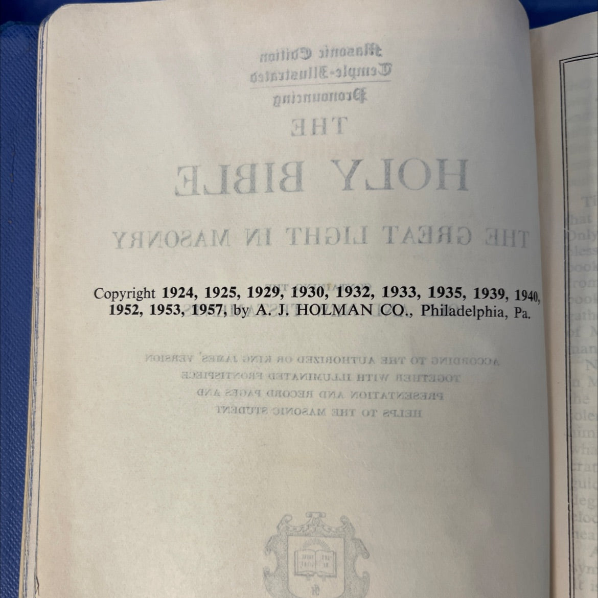 holy bible masonic edition temple-illustrated pronouncing book, by A. J. Holman Company, 1957 Leather image 3