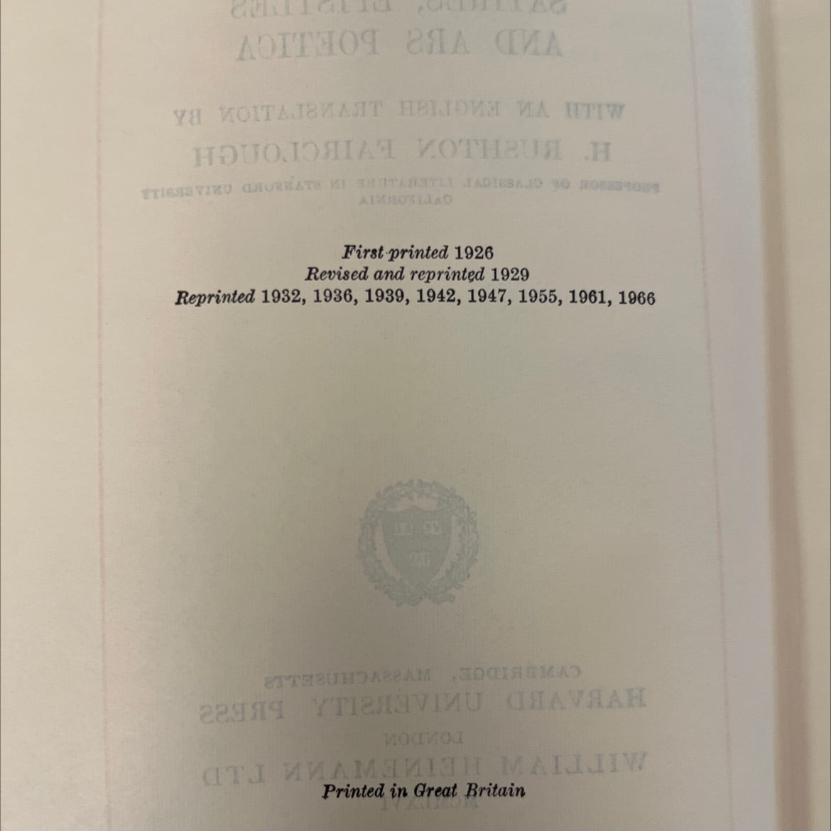 horace satires, epistles and ars poetica with an english translation book, by h. rushton fairclough, 1966 Hardcover, image 3