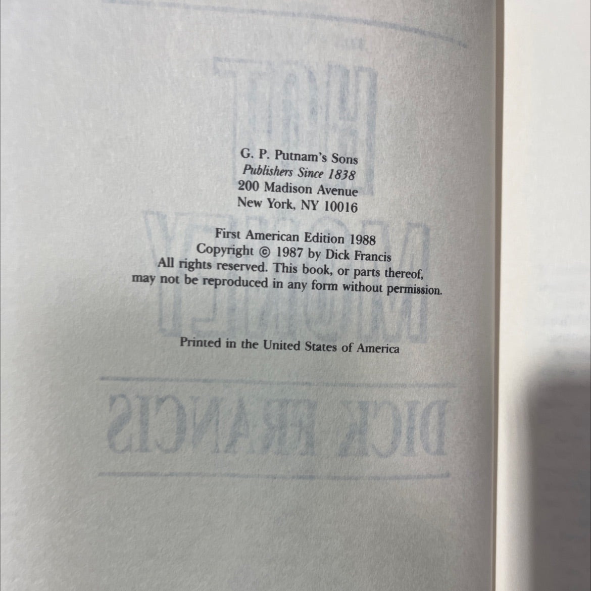 hot money book, by dick francis, 1988 Hardcover image 3