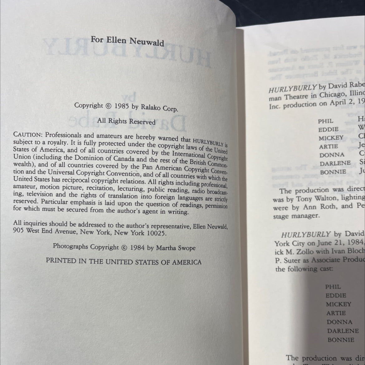 hurlyburly book, by David Rabe, 1985 Hardcover image 3
