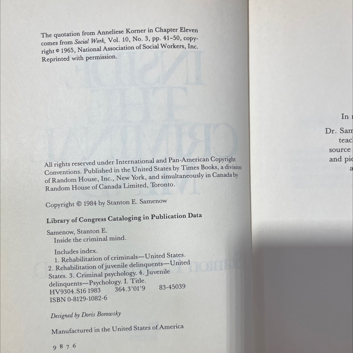 SIGNED inside the criminal mind book, by Stanton E. Samenow, Ph.D., 1984 Hardcover image 3