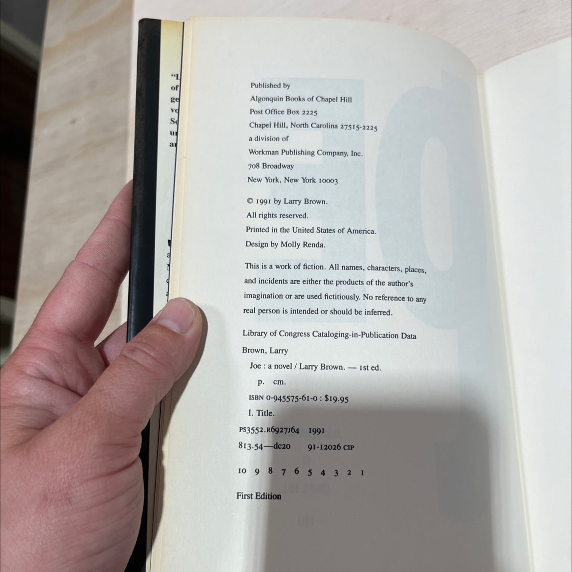 joe book, by Larry Brown, 1991 Hardcover image 3