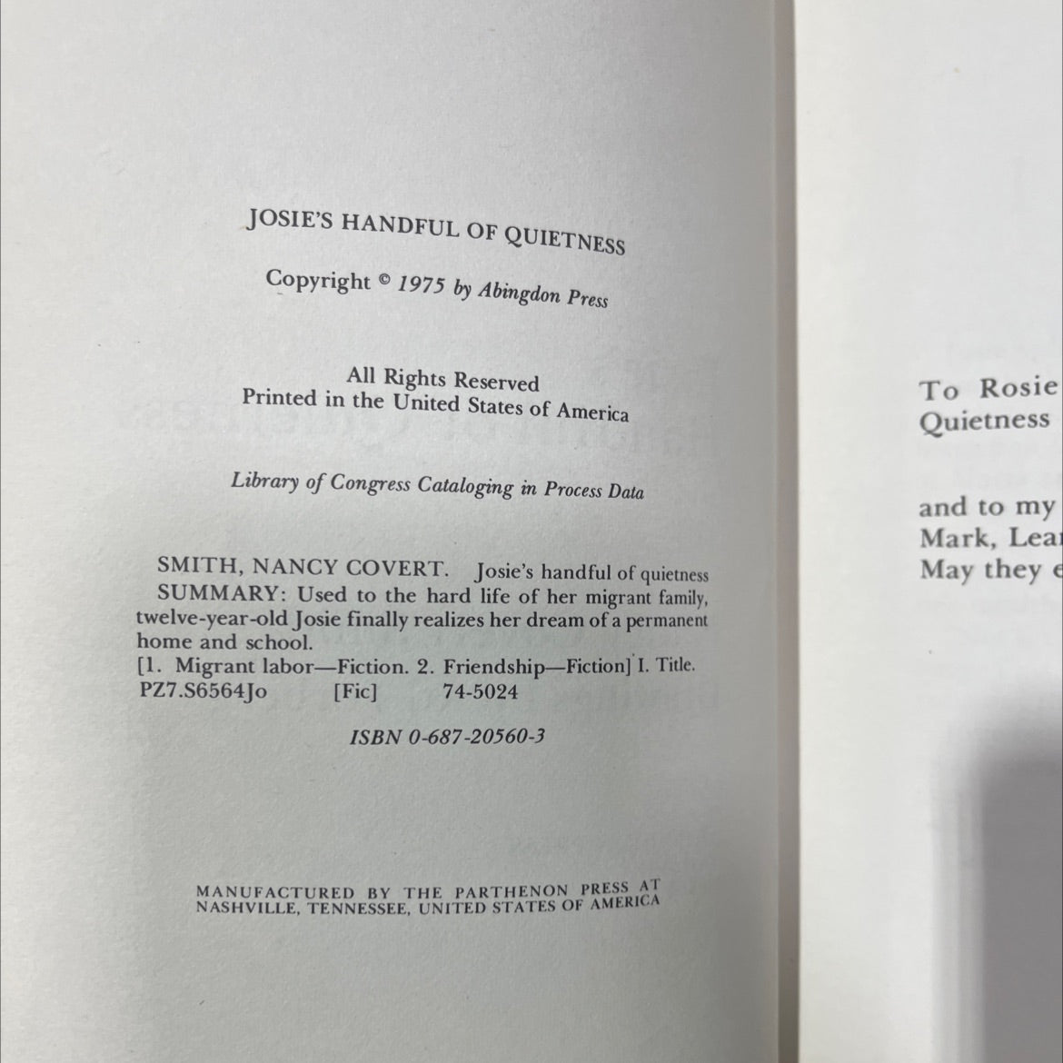 josie's handful of quietness book, by nancy covert smith, 1975 Hardcover image 3