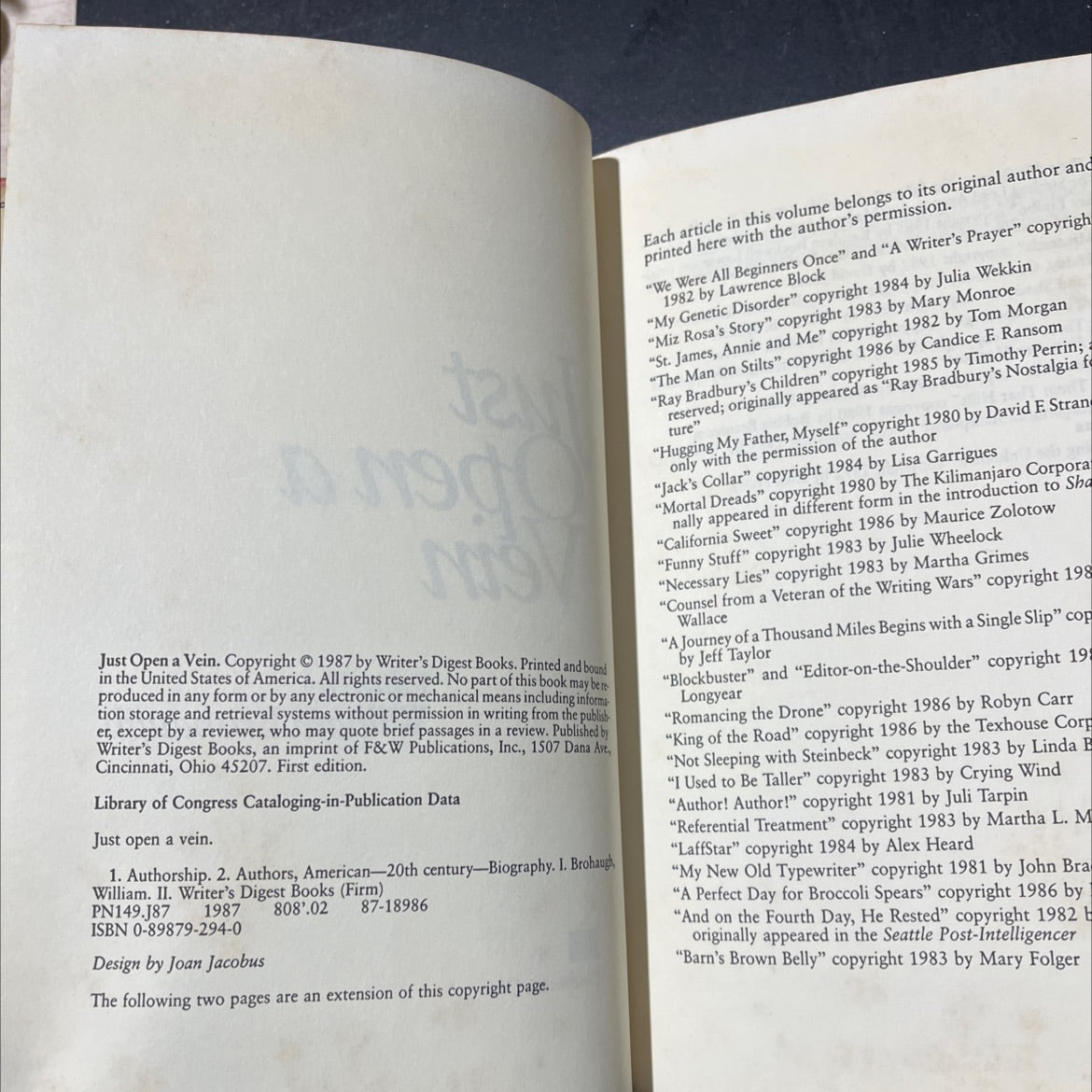 just open a vein book, by william brohaugh, 1987 Hardcover image 3