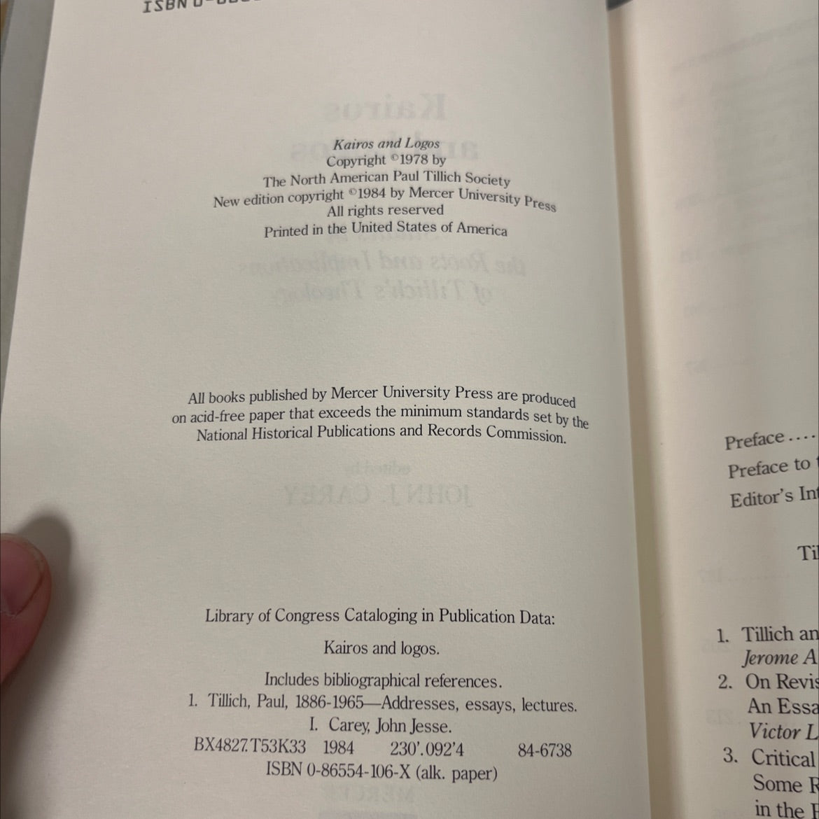 kairos and logos studies in the roots and implications of tillich's theology book, by john j. carey, 1984 Hardcover image 3