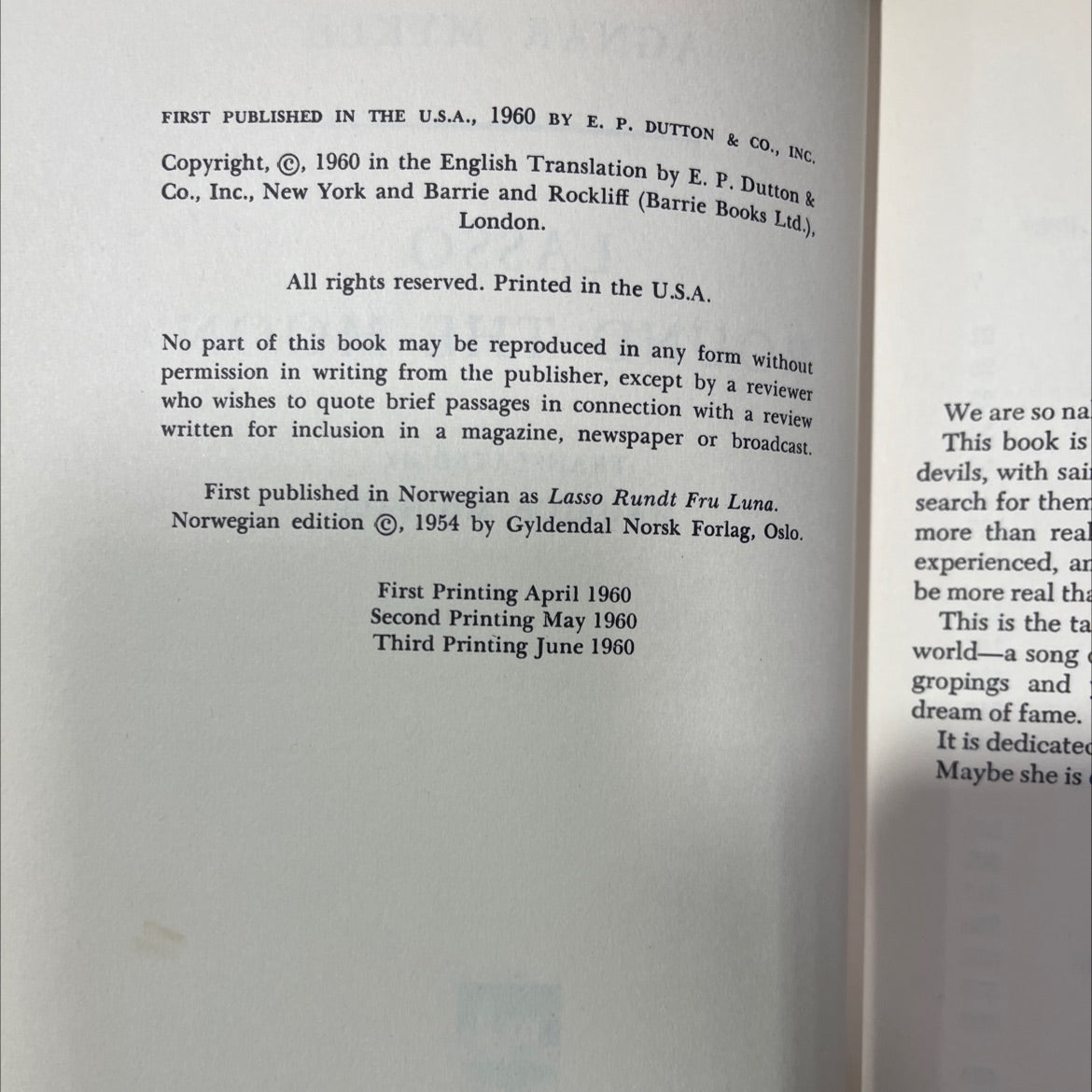 lasso round the moon book, by agnar mykle, 1960 Hardcover image 3