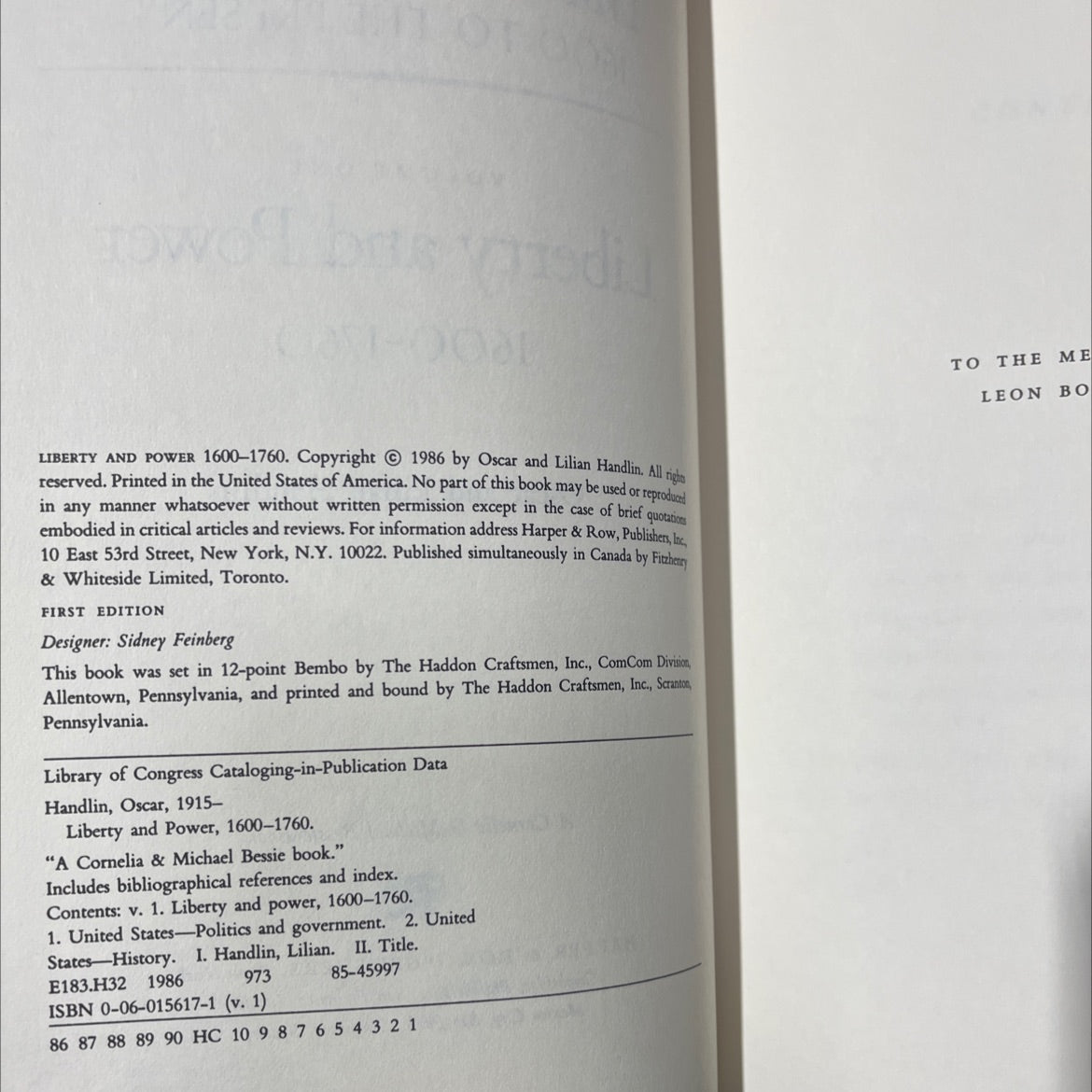 liberty and power 1600-1760 book, by Oscar Handlin, Lilian Handlin, 1986 Hardcover image 3