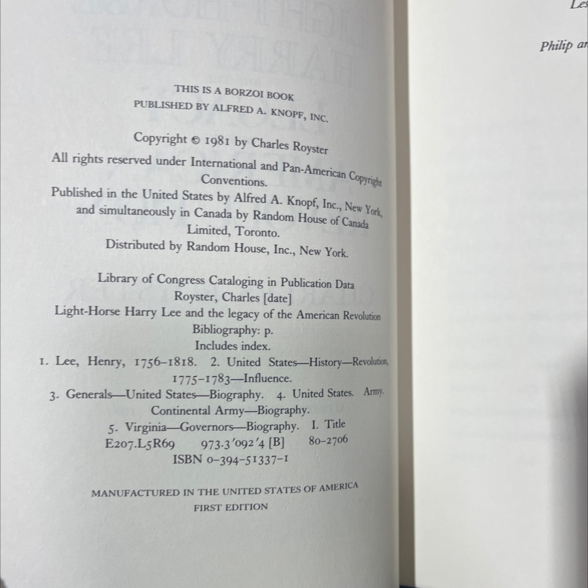 light-horse harry lee and the legacy of the american revolution book, by Charles Royster, 1981 Hardcover image 3