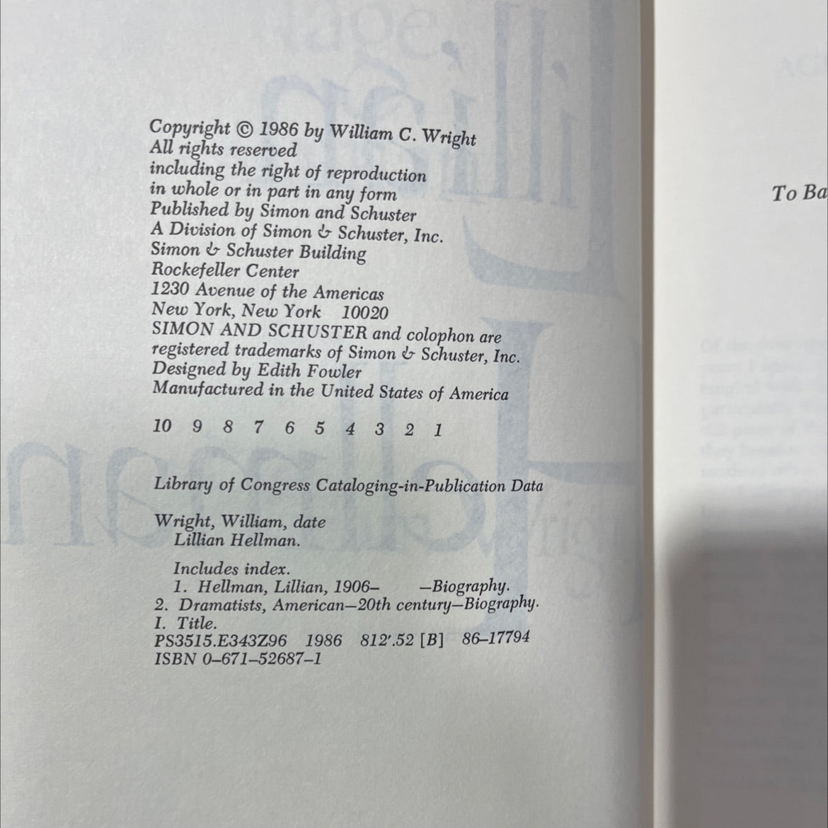 lillian hellman book, by william wright, 1986 Hardcover image 3