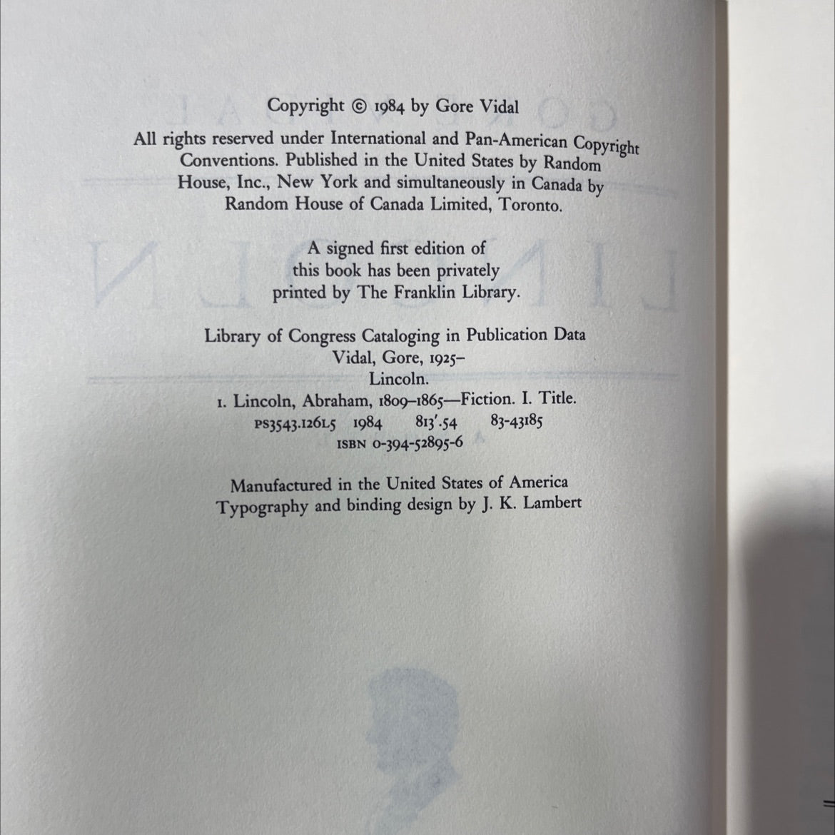 lincoln book, by gore vidal, 1984 Hardcover image 3