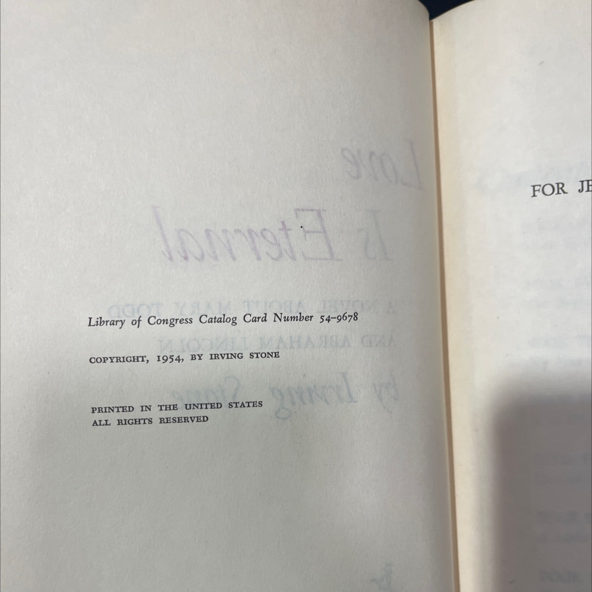 love is eternal a novel about mary todd and abraham lincoln book, by irving stone, 1954 Hardcover, Vintage image 3