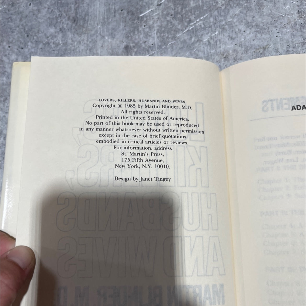 lovers, killers, husbands and wives book, by Martin Blinder, M.D., 1985 Hardcover image 3