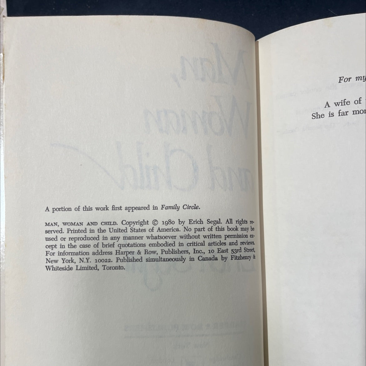 man, woman and child book, by Erich Segal, 1980 Hardcover image 3